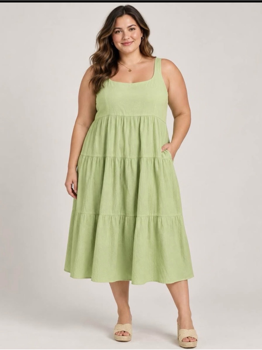 Ava & Viv Light Green Tiered Square-Neck Midi Dress